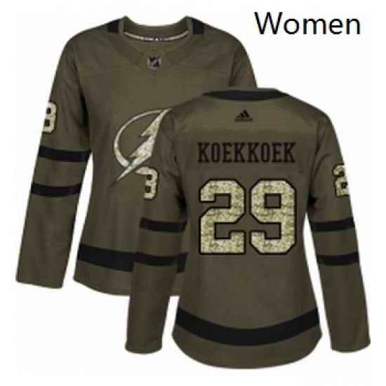 Womens Adidas Tampa Bay Lightning 29 Slater Koekkoek Authentic Green Salute to Service NHL Jersey